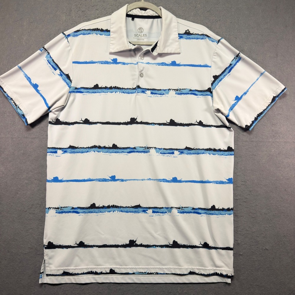 Scales Mens Marlin Stripe Performance Polo Shirt White Blue Medium Fishing Golf